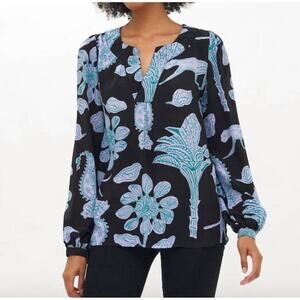 Oliphant Black Blue Paisley Cheetah Floral Print‎ Split Neck Long Sleeve Top XS